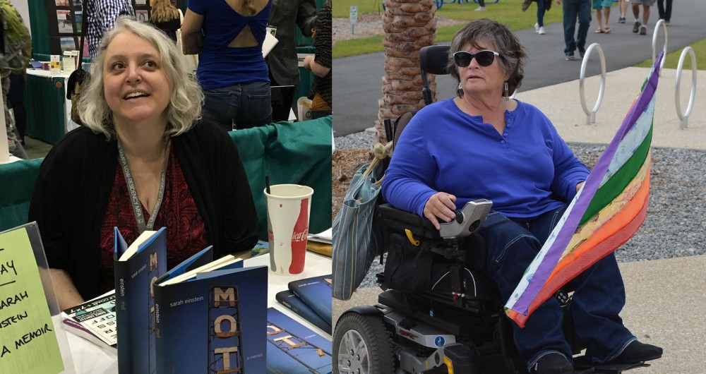 On the left, pale skinned a woman with short gray hair in a black sweater and red and black dress sits at a table in front of a stack of books and a soda cup. On the right, a white woman with short black and gray hair in a black and silver power chair, wearing sunglasses, a blue shirt, and black pants, holds a rainbow flag.